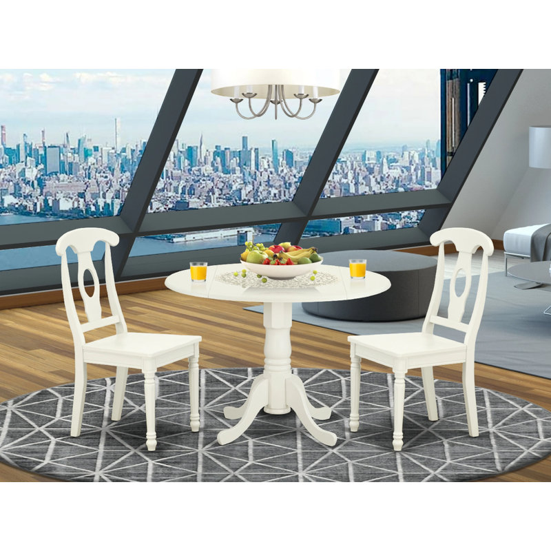 3 Piece Dining Room Table Set Contains a Round Kitchen Table with Dropleaf and 2 Dining Chairs, 42x42 Inch, Linen White, No