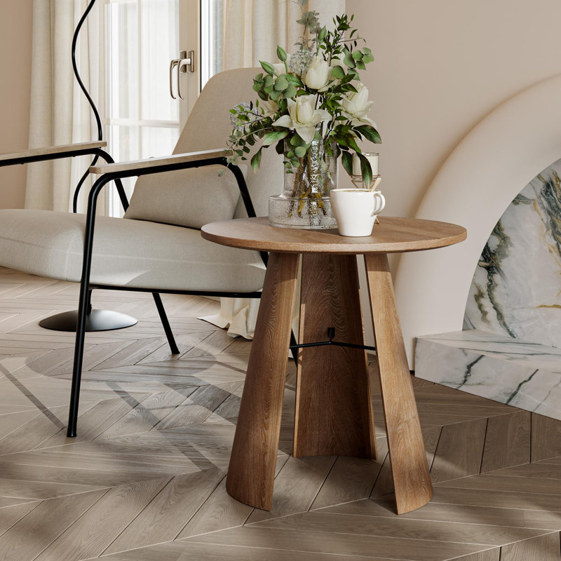 Bentwood Triangle Support Frame Round Side Table, Natural Wood