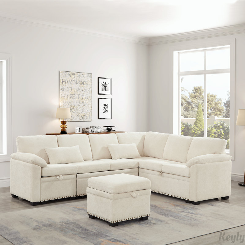 Canapé modulaire en L 97 po avec repose-pieds de rangement en L 97 po, Beige