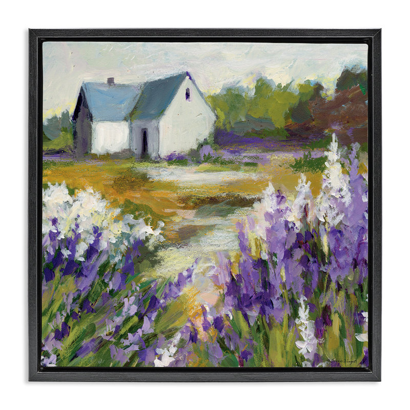 Art mural sur toile Lavender Field and Cottage Floater, design par Susan Winget, Cadre flottant noir de jais