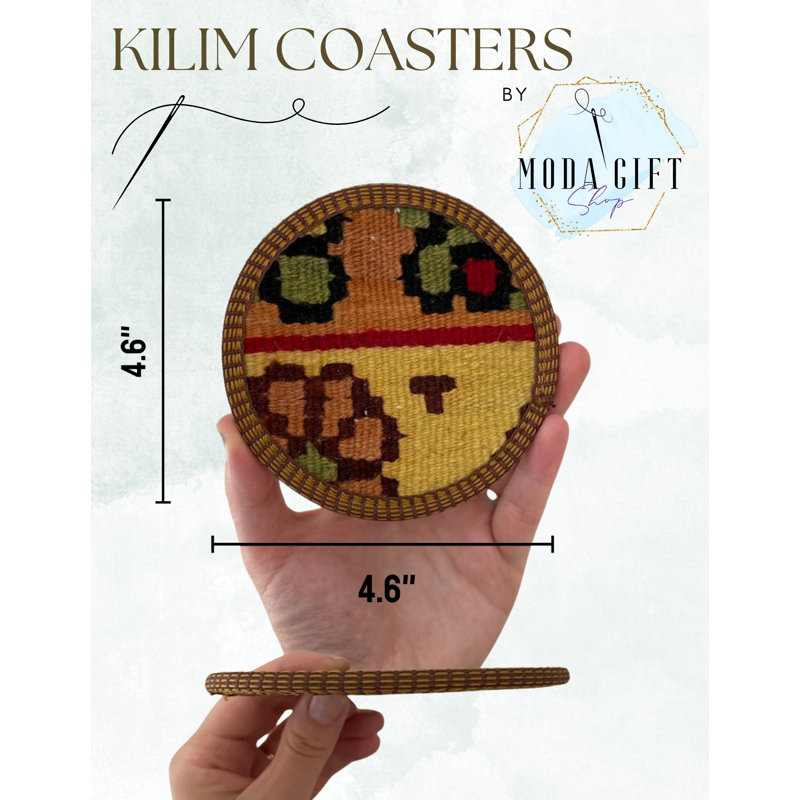 Handmade Multicolor Wool Kilim Coaster Set with Vinyl Backing