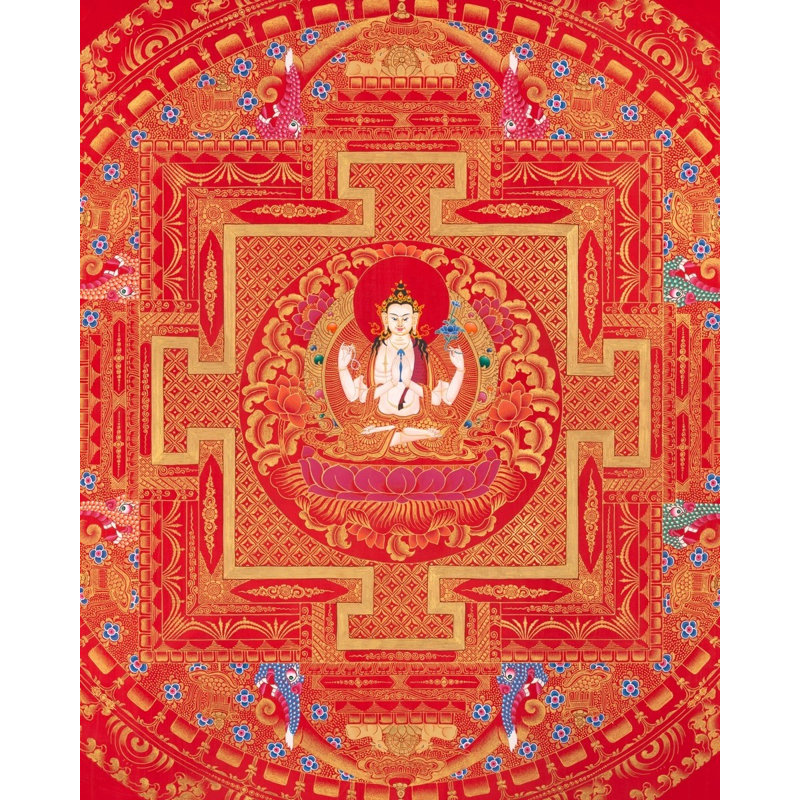 Red Background Chengrezig Mandala (Brocadeless Thangka)