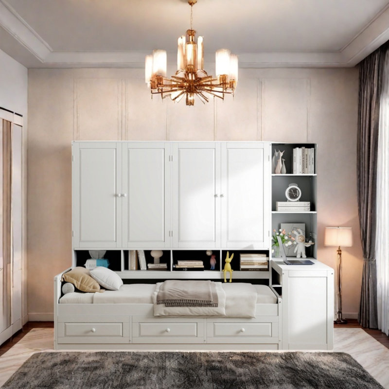 Wooden Daybed With Three Drawers, All-in-one Cabinet, Desk And Shelves, Twin, White