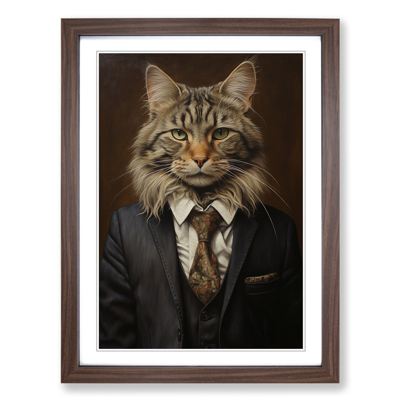Cat In A Suit - Single Picture Frame Print on Wood, 46cm H x 34cm W x 2cm D, Walnut 