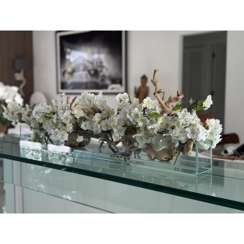 Cherry Blossoms In Glass Planter, 8" H x 50" W x 6" D