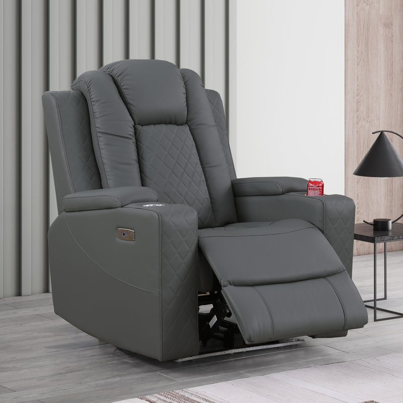 Tiertza  Leather Power Recliner Chair With Hidden Storage, LED Light, Cup Holder, Gray