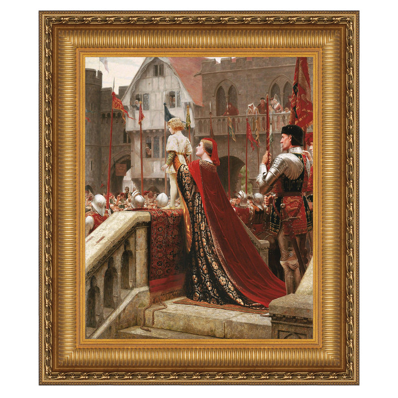 Golden Framed Medieval Canvas Painting with Red Accents