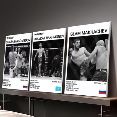 Ensemble de 3 affiches encadrées, impressions décoratives sur toile de combattants MMA représentant Shara Magomedov, Shavkat Rakhmonov et Islam Makhachev. Décoration murale de première qualité pour les amateurs de sport et les amateurs de combats. Parfait pour décorer un gymnase ou un espace détente.