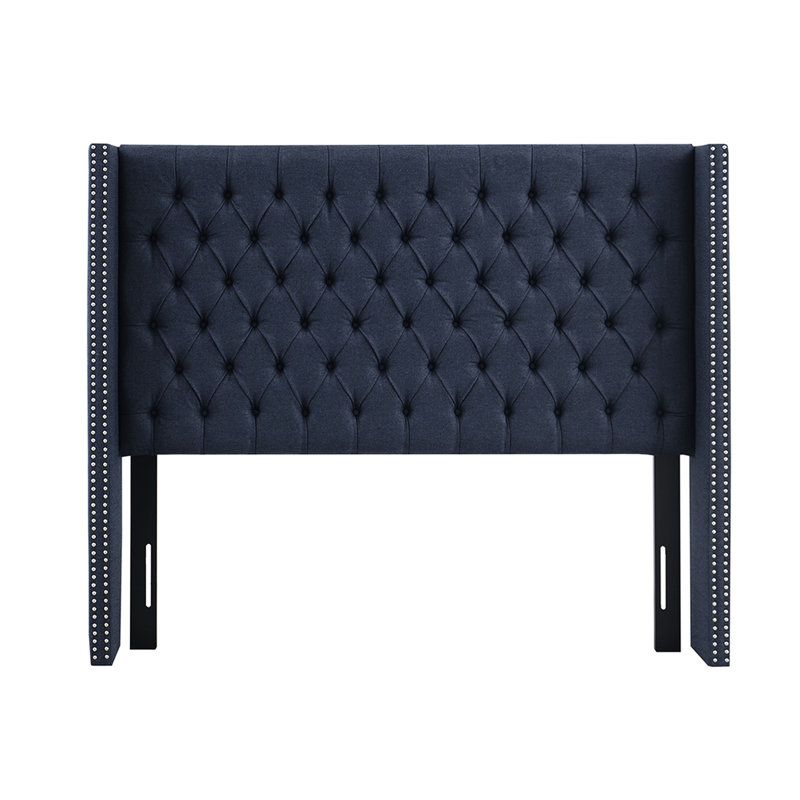 Queen Size Upholstered Headboard With Transitional Button Tufting, Double Nailhead Trim, Navy, Adjustable Black Metal Legs, Wood Frame For Queen, Decor, Navy , Tool Included
