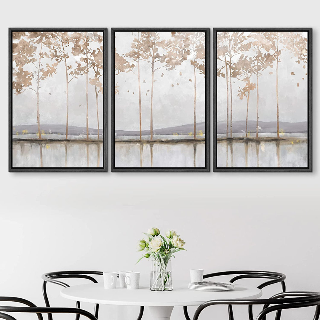 " SIGNLEADER Framed Canvas Print Wall Art Set Pastel Mountain Lake Tree Forest Abstract Shapes Illustration Modern Art Decorative Nordic Minimal Zen For Living Room, Bedroom, Office " 3 - Pieces SIGNLEADER Frame 