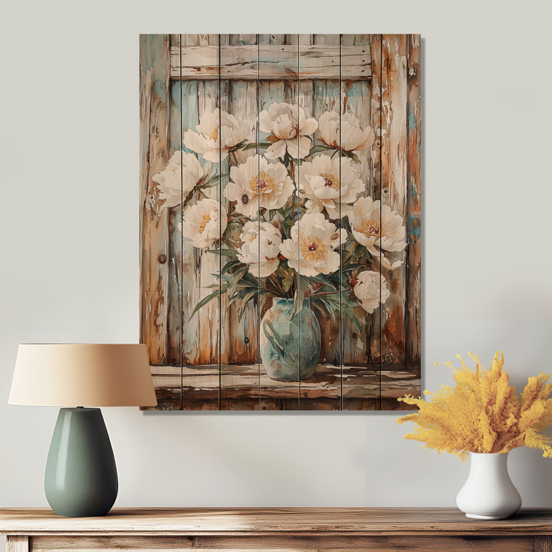 Peonies By The Barn Door IV - Peonies Wood Wall Decor - On Natural Pine Wood, 32" H x 24" W x 0.78" D