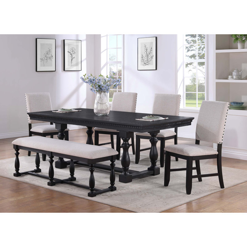 Rustic Traditional Dining Set Rectangle Table Fabric Upholstered Bench Tufted Nailhead Trim Chairs 6Pc Set