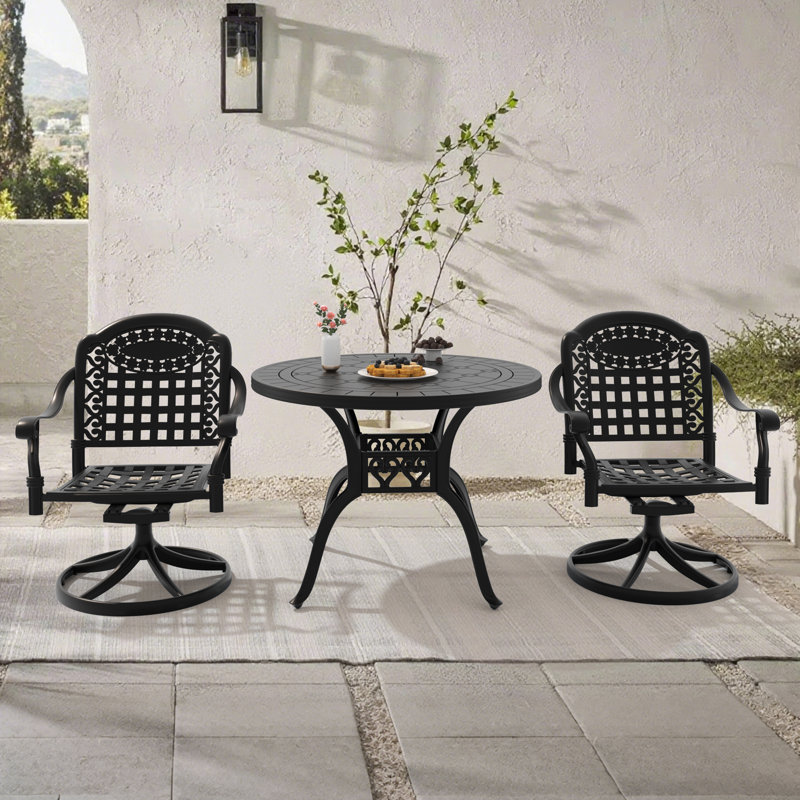 3-Piece Round Cast Aluminum Patio Dining Set with Swivel Chairs & Cushions