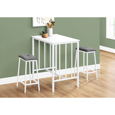Ensemble de salle à manger, ensemble de 3 pièces, hauteur de comptoir, 36 po rectangulaire, petit, cuisine, stratifié blanc, métal blanc, contemporain, moderne