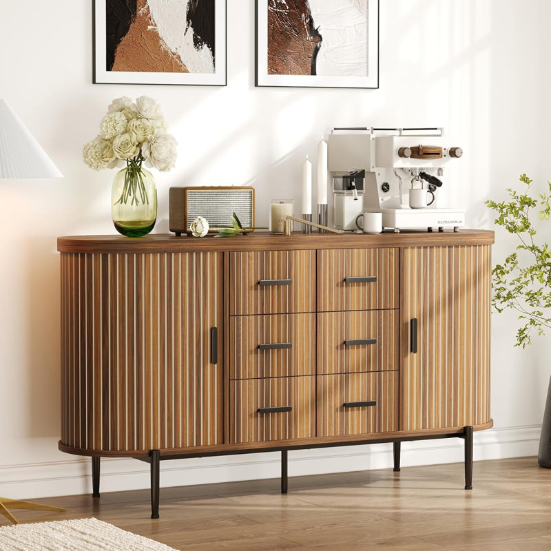 Sideboard Buffet Cabinet with Fluted Wood Construction, 6 Drawers and 2 Sliding Doors Storage Credenza for Living Room and Kitchen