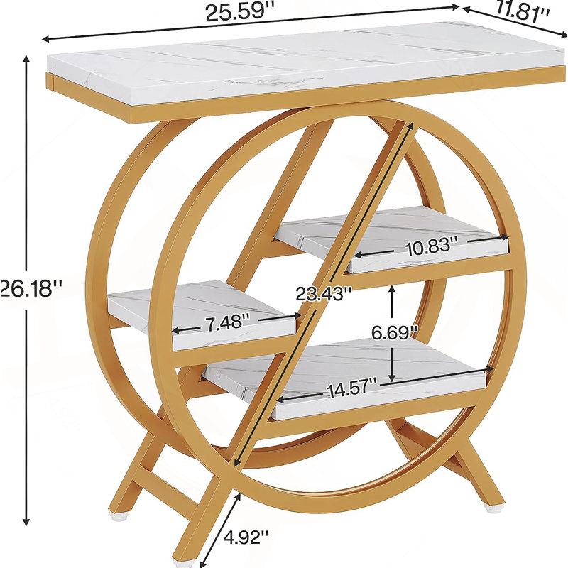 Table de bout moderne à 3 niveaux en faux marbre moderne avec rangement, structure en métal doré pour petits espaces et décor contemporain