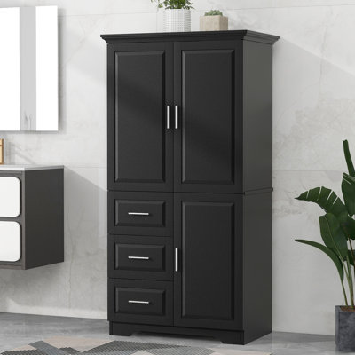 Armoire de rangement pour garde-manger en bois massif, armoire autoportante en bois à 3 portes avec 3 tiroirs coulissants et tablettes pour le salon, la buanderie, la salle à manger, noir