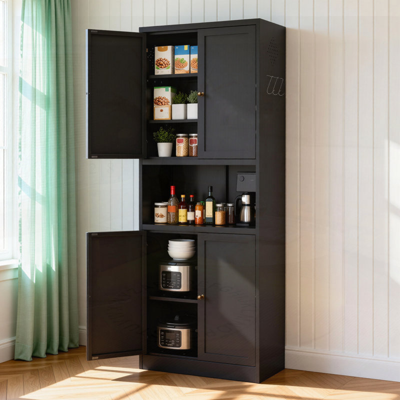 Black Steel Kitchen Pantry Storage Cabinet With Large Countertop, Adjustable Shelves And Hooks