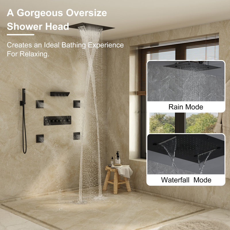 23" L x 16" W 5-Function Flush Mount Thermostatic Shower System With Neck Massage Spout and 4 Body Jets, Matte Black