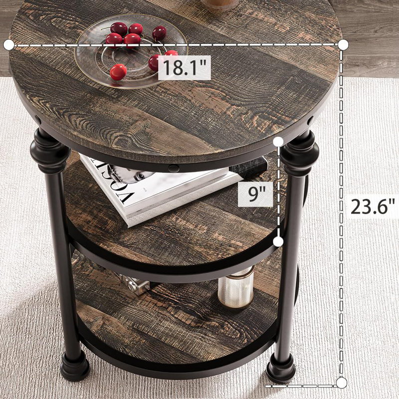 Small Side Table,Round End Table With 3 Shelves,Night Stand Accent Coffee Table With Steel Frame For Small Spaces, Gray
