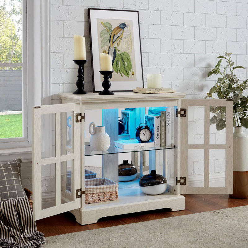 Retro Antique LED Curio Display Cabinet With Adjustable Shelves And Lattice Doors, White