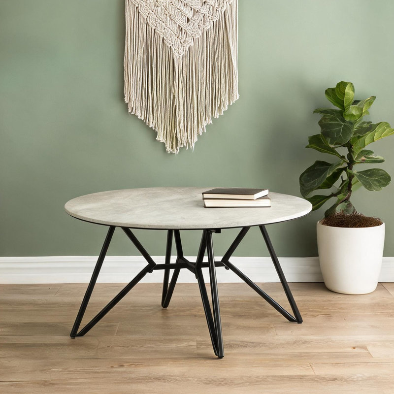 Table basse ronde de 36 pouces de style industriel en bois manufacturé de couleur grise avec pieds en épingle à cheveux en acier