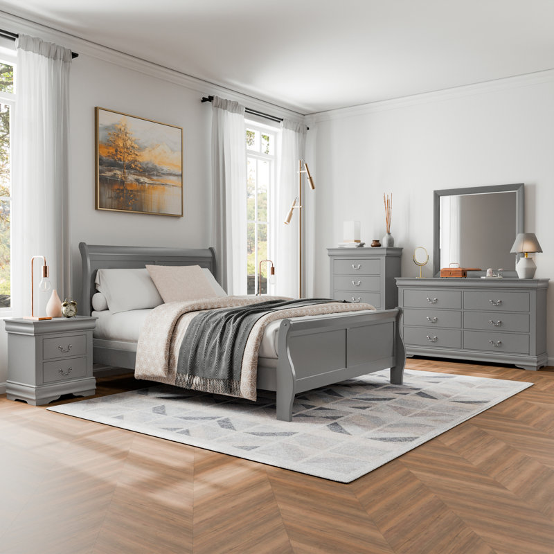 Ensemble de chambre à coucher Extula, Gris, Grand, Six articles : lit, deux tables de chevet, deux c