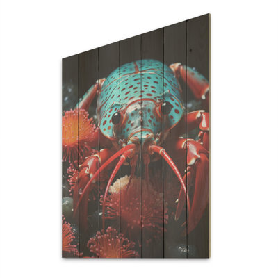 Photo de crevette mante rouge et turquoise - corail sous l'eau sous l'eau, art mural sur bois de pin naturel
