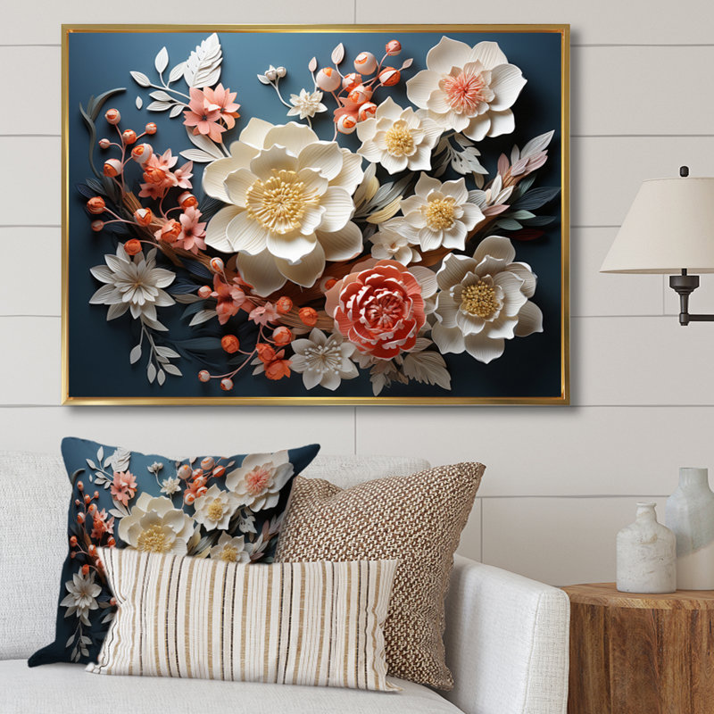 Art asiatique, fleurs éternelles I - impression, Cadre flottant doré, H 12 po x l 20 po x P 1 po