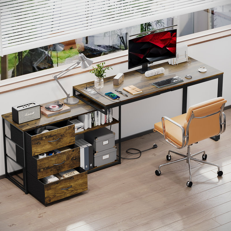 Ahriana L-Shaped Metal Base Computer Desk, Black, Brown