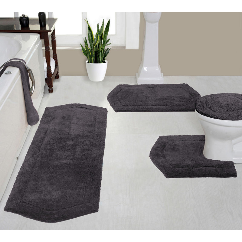 Waterford 4 Piece Bath Mat Set with Lid Cover, Quick Dry, Machine Washable Rugs, Absorbent, Gray