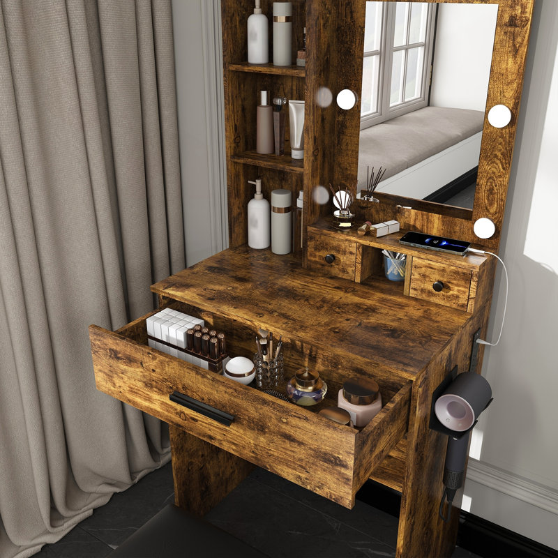 Coiffeuse avec miroir à DEL, prise de courant, support pour sèche-cheveux et tabouret (rétro)