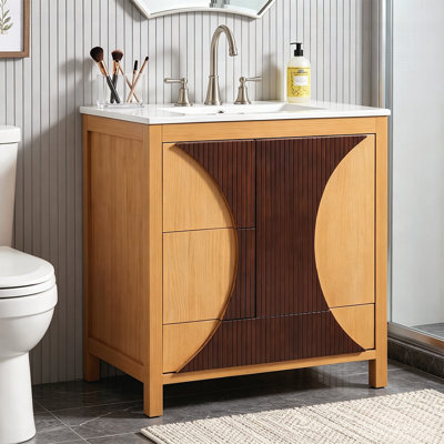 30 Inch Mid-Century Modern Bathroom Vanity with Sink Freestanding Artistic Wood Cabinet with 3 Drawers Soft-Close Door, Two-Tone Fluted Panel Design