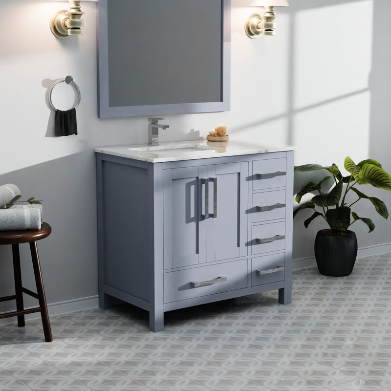 Gris foncé 36 po De salle de bain avec comptoir en marbre, robinet inclus, fermeture en douceur, une armoire, cinq tiroirs, tablette ouverte, robinet escamotable à un trou avec plateau décalé gauche et surface de teinture,