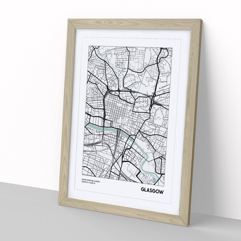 Map Glasgow UK - Picture Frame Graphic Art, Oak Framed, 36cm H x 27cm W x 2cm D