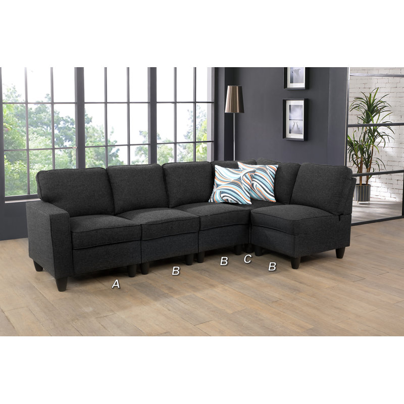 Johniece Upholstered L-Shaped Sectional Right Hand Facing, Black Gray