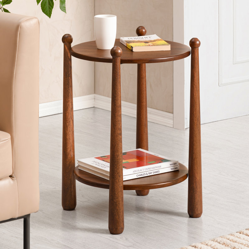 Pablo Solid Wood End Table with 2-Tier Storage, Walnut