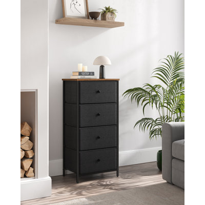 Commode pour chambre à coucher, commode en tissu avec 4 tiroirs, structure en métal, petite commode, noir ébène et brun rustique