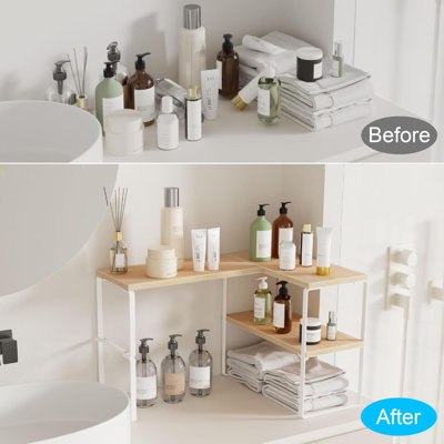 Countertop Organizer Corner Shelf, 2-Tier Adjustable Stackable Corner Shelves For Kitchen, Spice Rack, Coffee Bar, Over Sink, Bathroom, Dresser Table, Corner Counter Shelf Stand, Natural Beige