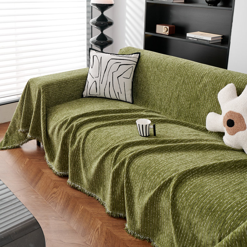 Housse pour canapé à rayures fines multicolores en chenille classique, H 71 po x l 150 po x P 0,1 po, Chenille vert olive