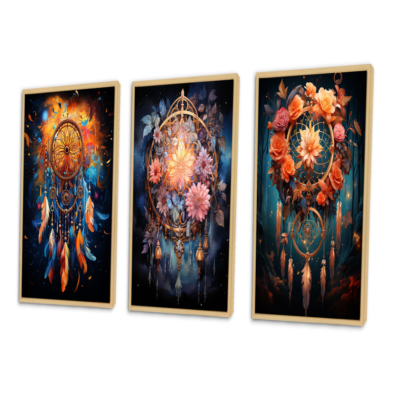 «Dreamcatcher Infinite Dreams», 3 pièces sur toile, Encadré naturel, H 20 po x l 36 po