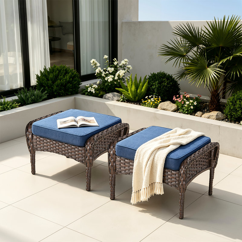 Ensemble de 2 repose-pieds d'extérieur en osier, repose-pieds de patio avec coussin, tabouret de siège supplémentaire pour la cour, la terrasse et le porche