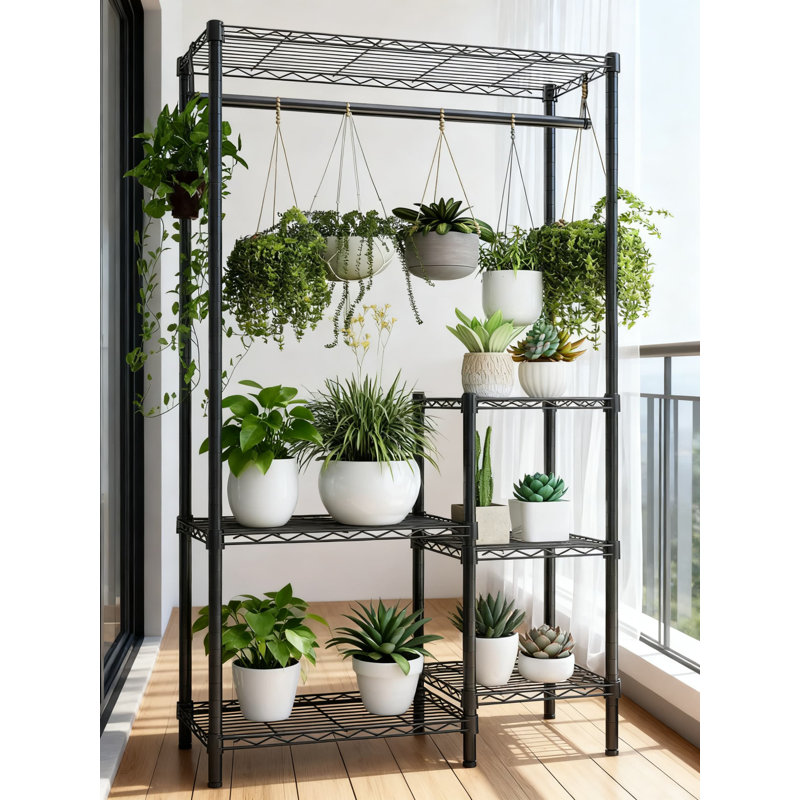 Support pour plante robuste en métal avec tablettes réglables et tringle pour utilisation à l'intérieur et à l'extérieur, grande capacité pour le balcon du salon