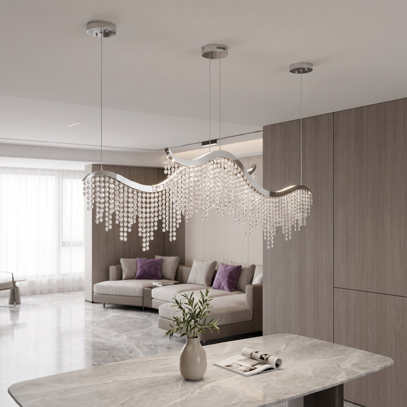 Lustre moderne en cristal ondulé de 91 cm (36 po), suspension à hauteur réglable pour salon 3CCT