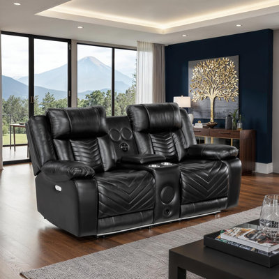 Marlow 78" Modern & Contemporary Faux Leather Power Reclining Loveseat with Wireless Speakers, USB Charging, LED Lighting, Cup Holders, and Hidden Storage.