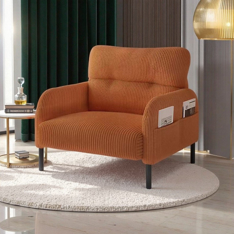 Chaise d'appoint en velours côtelé ergonomique avec poches latérales, structure en bois massif, Orange