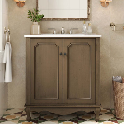 Meuble-lavabo 30 po avec lavabo en céramique, meuble-lavabo avec poignées antiques, meuble-lavabo avec pieds en bois d'hévéa