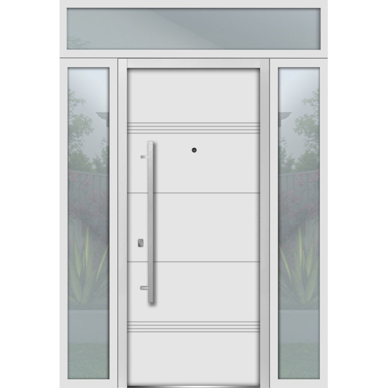 Porte d'entrée extérieure prémontée en acier Deux 1705, émail blanc, 2 fenêtres latérales et supérieures extérieures noires, inserts en acier inoxydable, style moderne, peinte, dimensions : L 14 + 36 + 14 x H 80 + 16, ouverture à droite vers l'intérieur
