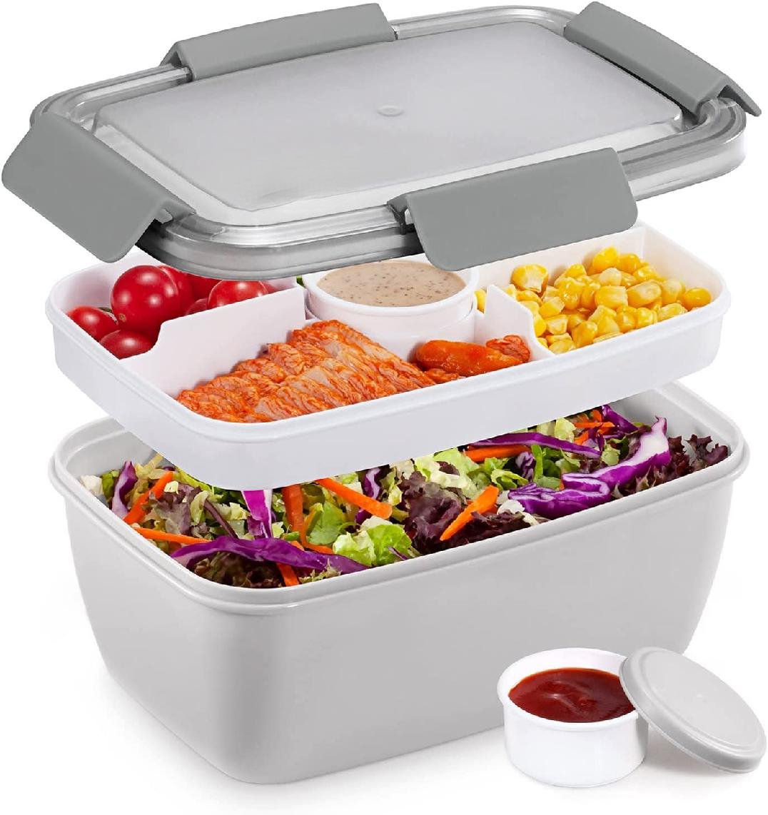 Large Salad Container for Lunch - 68 oz Salad Bowl with 5 Compartments Bento-Style Tray, 2 Pieces Salad Dressing Containers to Go, Leak-Proof & BPA-Fr