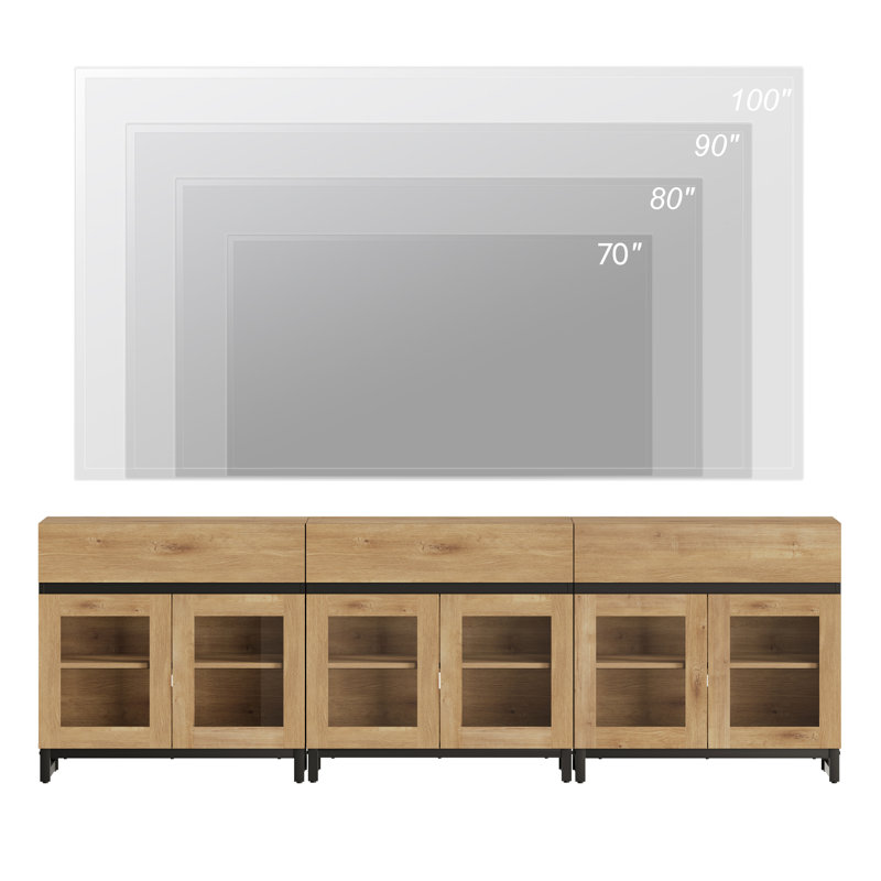 Modern TV Stand With Glass Doors For 110 Inch Tvs, 3 In 1 Entertainment Center Console With 3 Drawers And Metal Base For Living Room, Bedroom